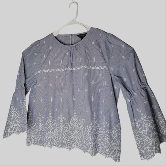 J.Crew Blue Striped Embroidered Boho Top Size XL Cotton Blend Bell Sleeve - Picture 10 of 11